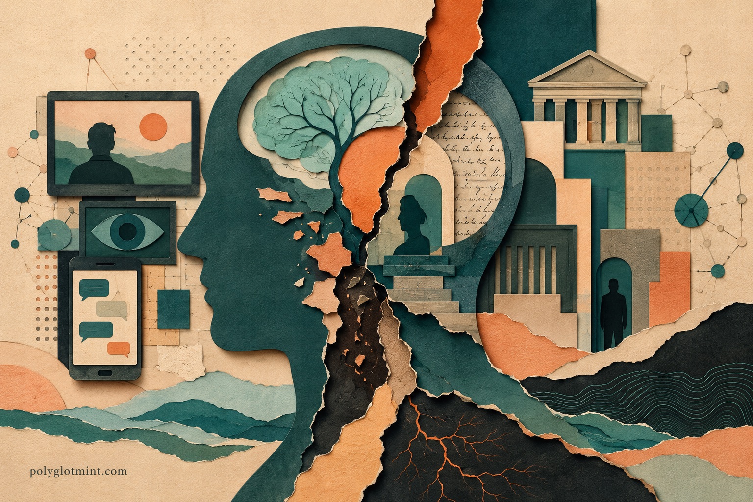 Paper-cut style illustration of a layered human brain facing an old TV screen, connected by subtle signal lines in teal, mint, and orange tones against a dark layered background, symbolizing how media influences the nervous system.
